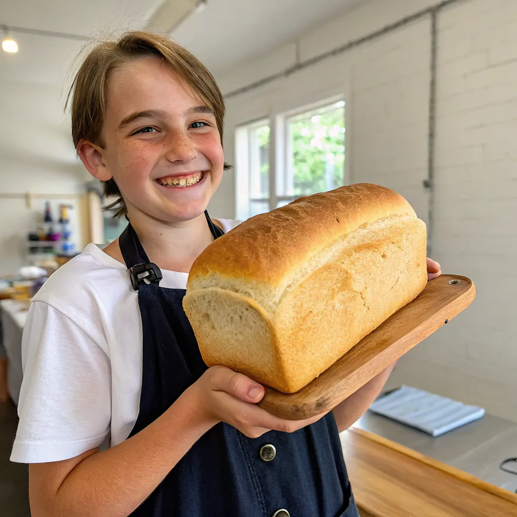 Student proudly displaying homemade bread
